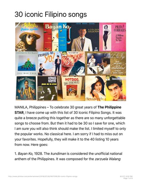 30 iconic Filipino songs .